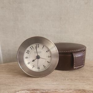 Coach Silver Travel Clock with Brown Leather Case